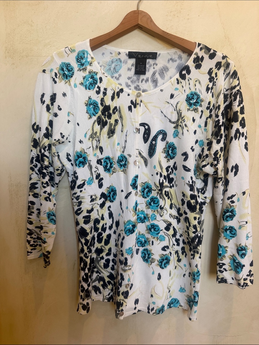 Venue Beaded White Cardigan with Teal Rose Print